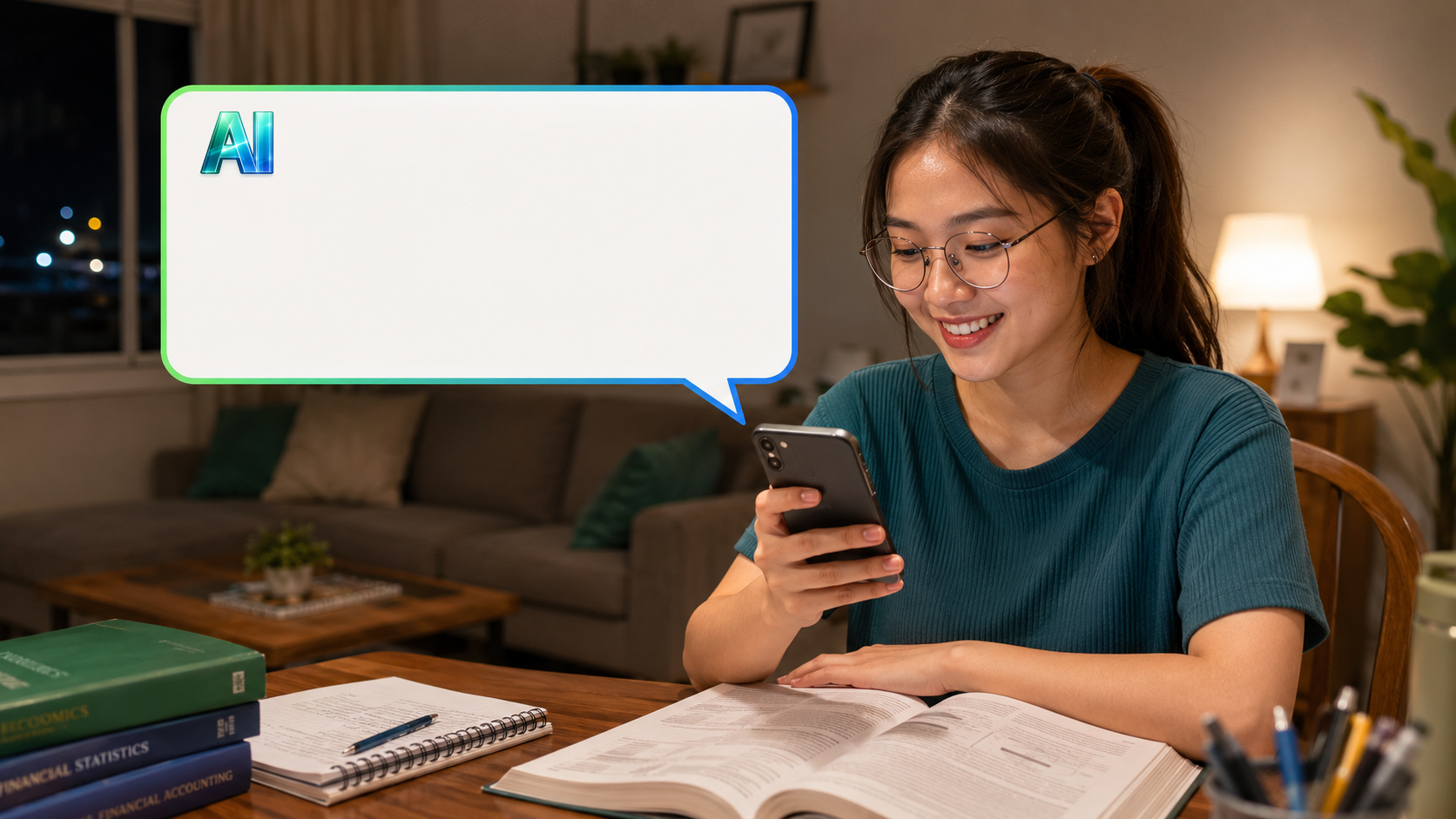 A student studying at home smiles as SmartAI offers a practice quiz to review what she's learned
