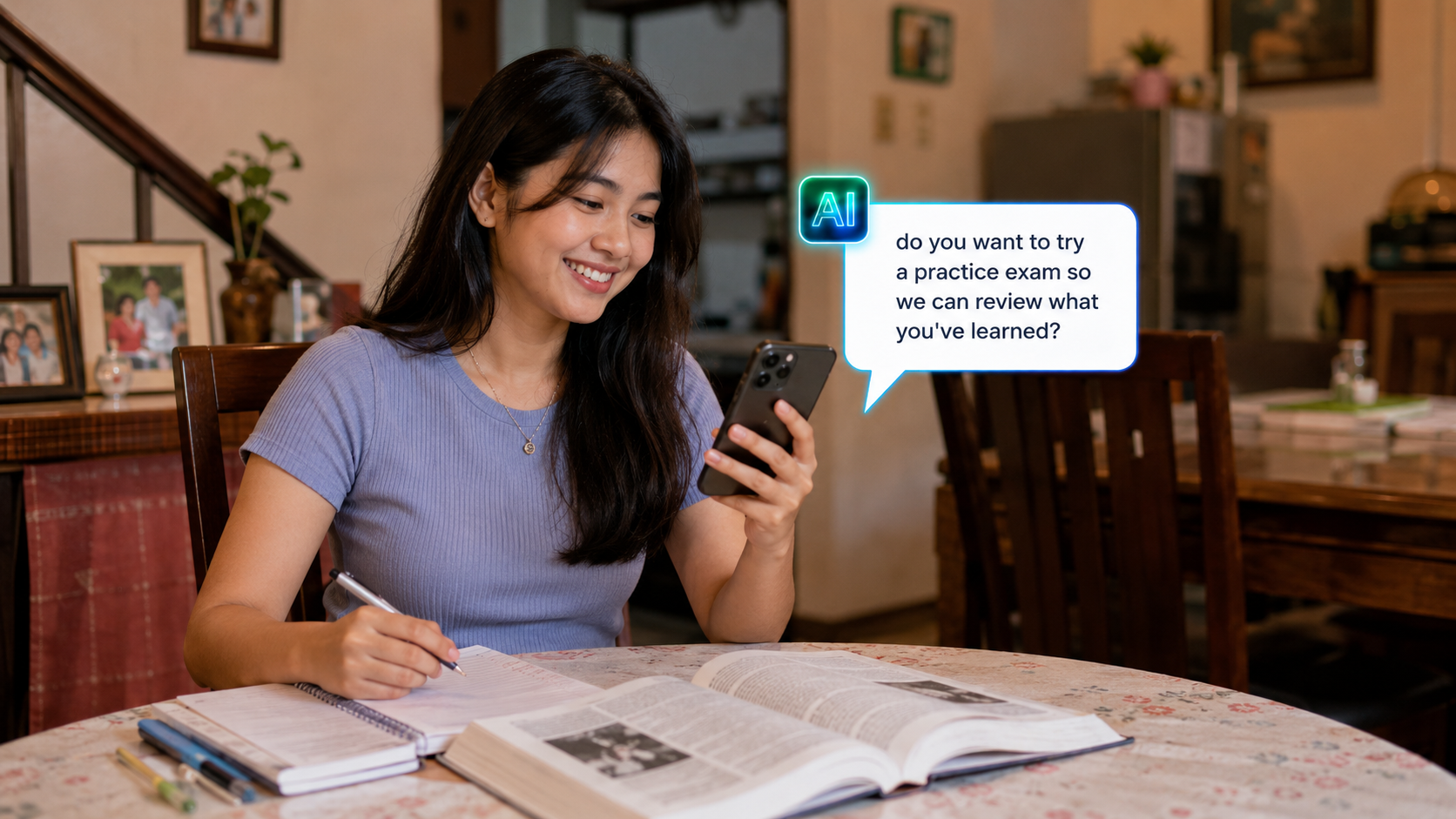 A student studying at home smiles as SmartAI offers a practice exam to review what she's learned