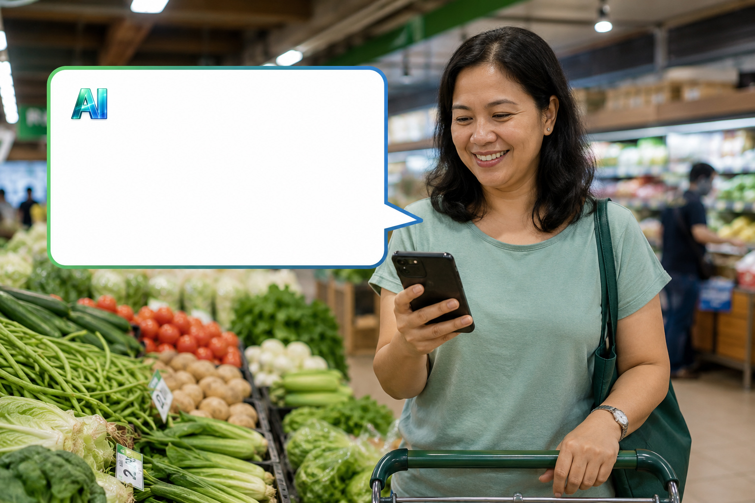 A shopper in a grocery store smiles at SmartAI's alert that all vegetables are 30% off today