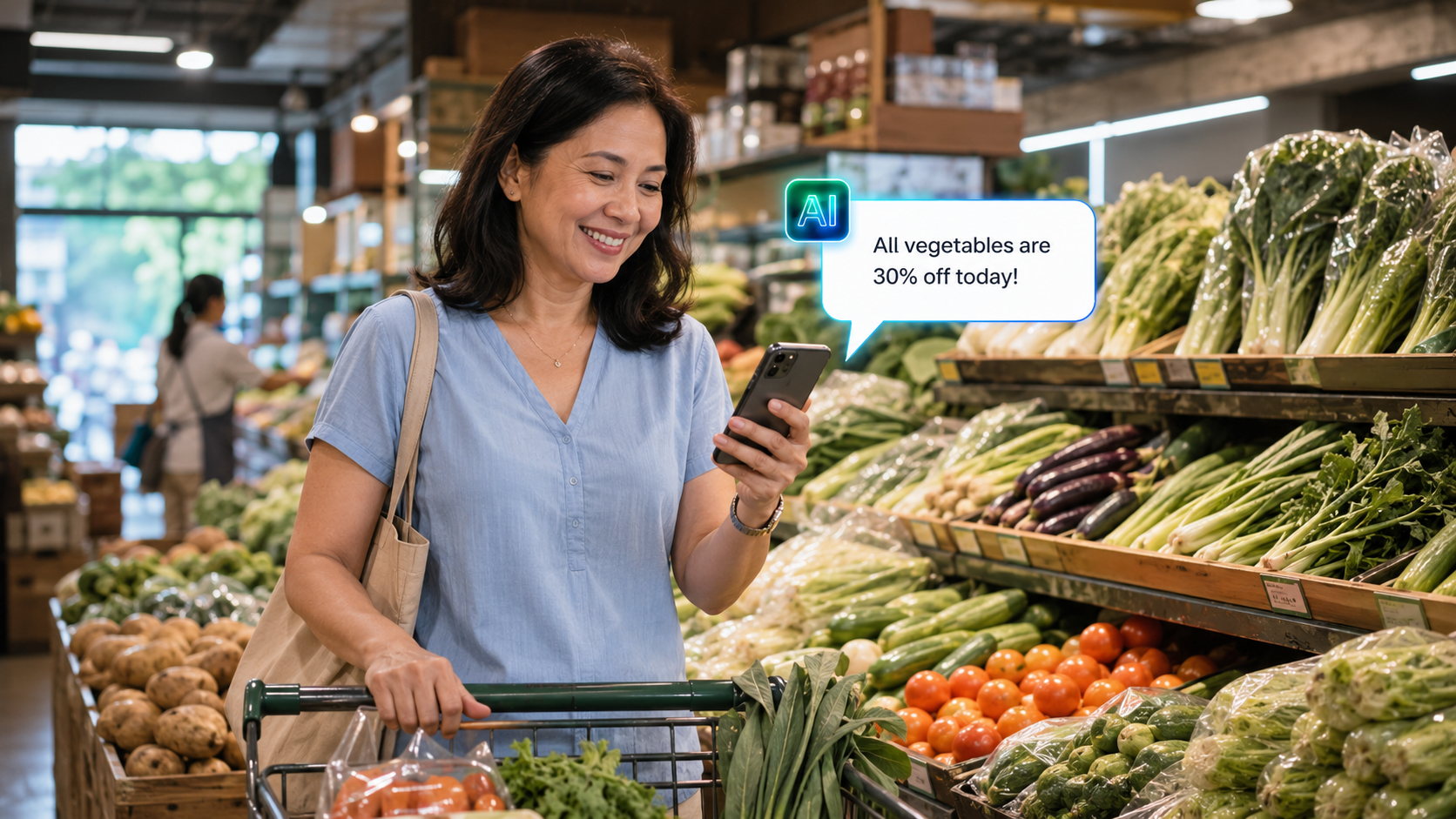 A shopper in a grocery store smiles at SmartAI's alert that all vegetables are 30% off today
