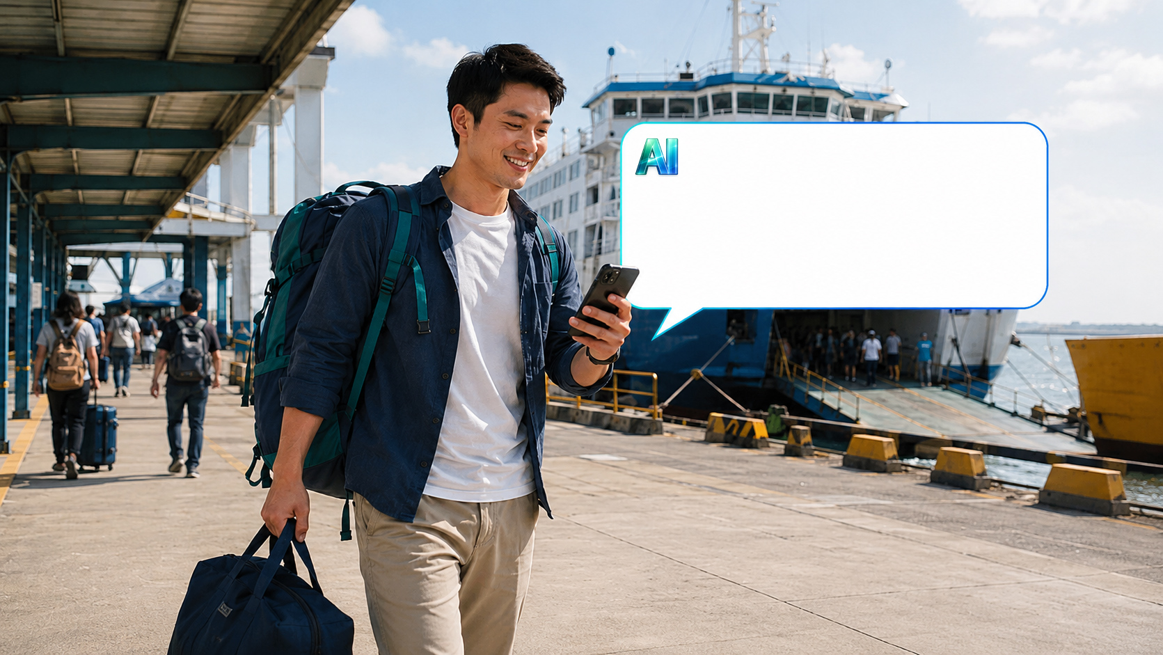 A traveler at a ferry pier smiles at his phone as SmartAI tells him he saved 500 pesos by taking this route