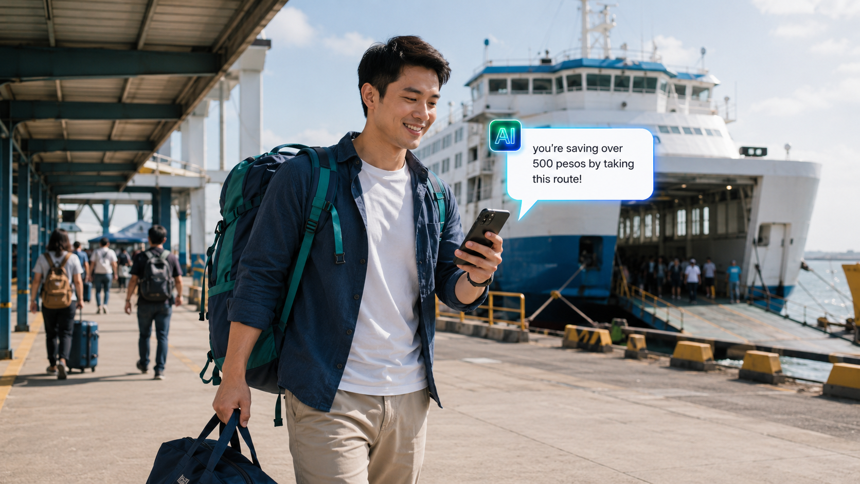 A traveler at a ferry pier smiles at his phone as SmartAI tells him he's saving over 500 pesos on this route